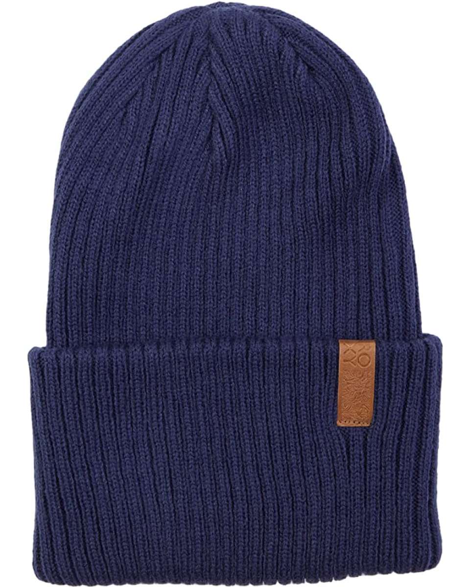 Roxy Women's Dynabeat Beanie 2022 - A navy blue beanie with a tan leather logo patch on the front.