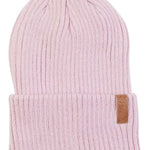 Roxy Women's Dynabeat Beanie 2022 - A light pink beanie with a ribbed texture and a small brown leather tag on the front.