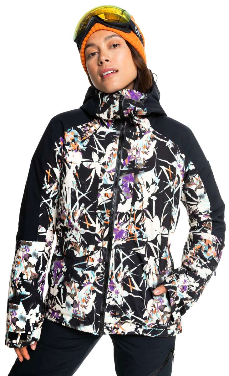 Roxy Women's Essence Gore-Tex Stretch Jacket 2022 - A black jacket with a white floral pattern and purple accents, featuring a zippered front and hood.