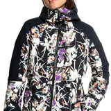 Roxy Women's Essence Gore-Tex Stretch Jacket 2022 - A black jacket with a white floral pattern and purple accents, featuring a zippered front and hood.