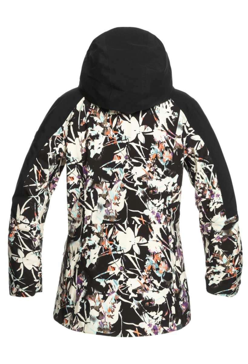 Roxy Women's Essence Gore-Tex Stretch Jacket 2022 - A black jacket with a white floral pattern and a hood, featuring a zippered front and two pockets on either side.