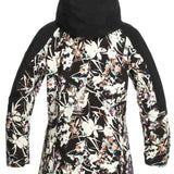 Roxy Women's Essence Gore-Tex Stretch Jacket 2022 - A black jacket with a white floral pattern and a hood, featuring a zippered front and two pockets on either side.