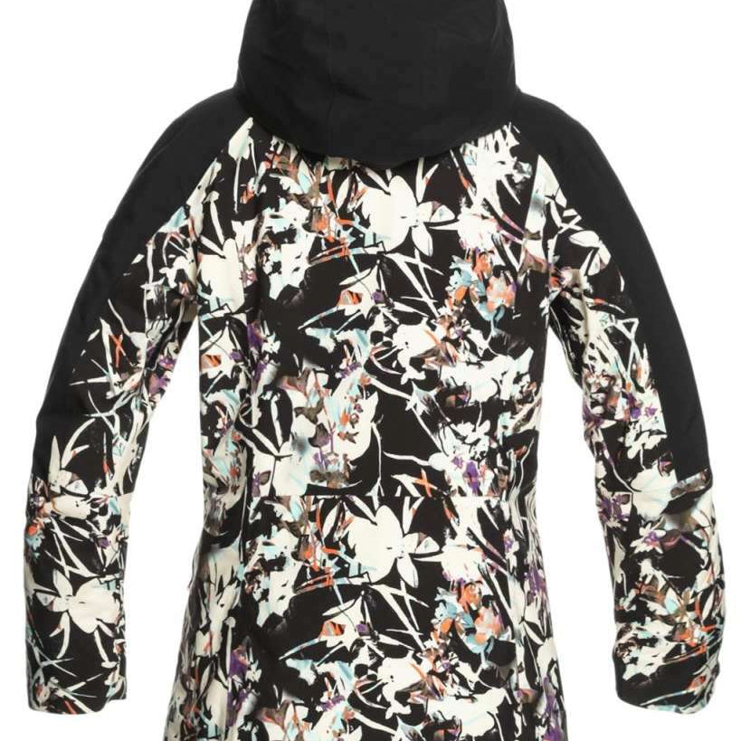 Roxy Women's Essence Gore-Tex Stretch Jacket 2022 - A black jacket with a white floral pattern and a hood, featuring a zippered front and two pockets on either side.