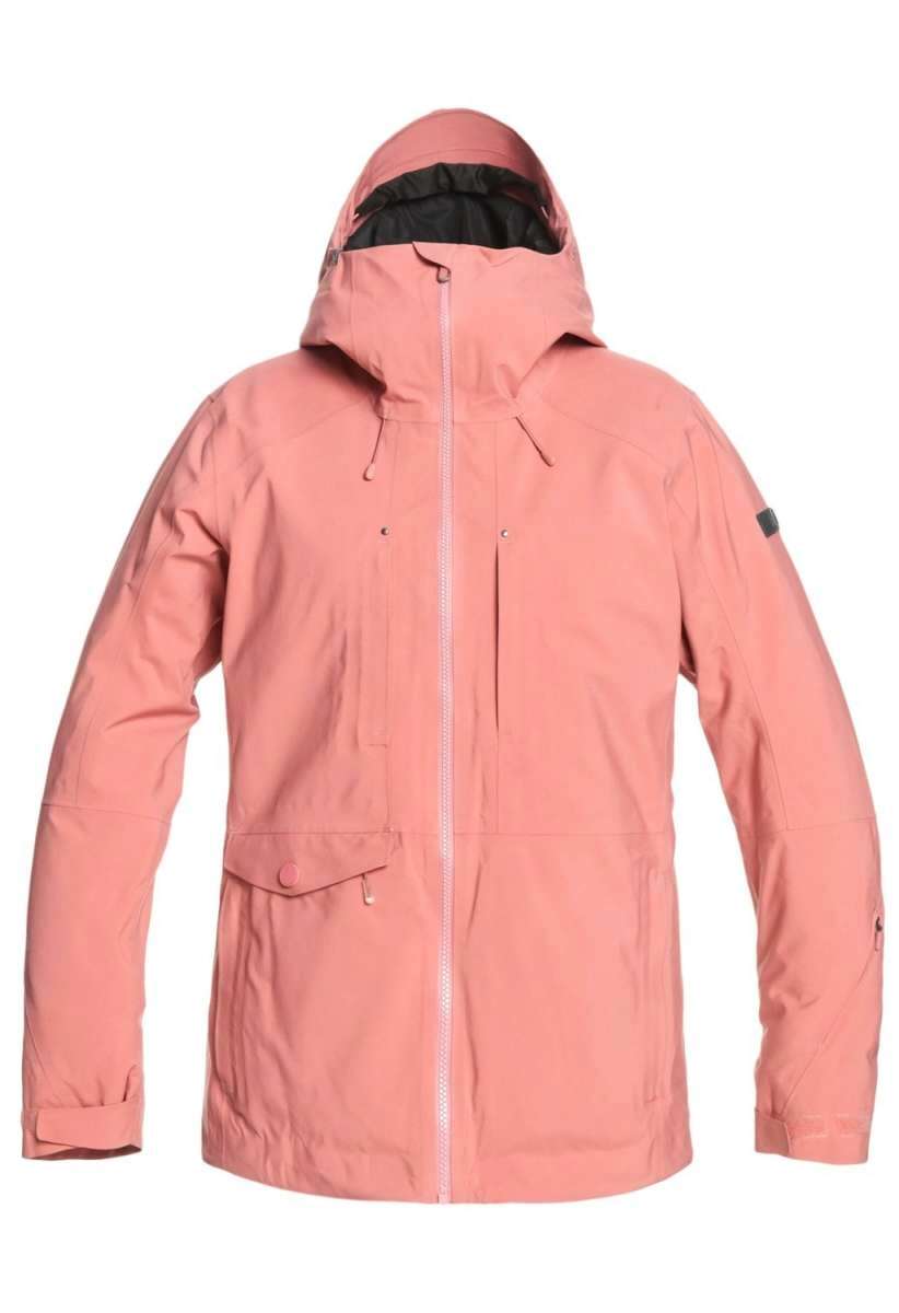 Roxy Women's Essence Gore-Tex Stretch Jacket 2022 - A salmon-colored jacket with a black zipper and two zippered pockets on the front.