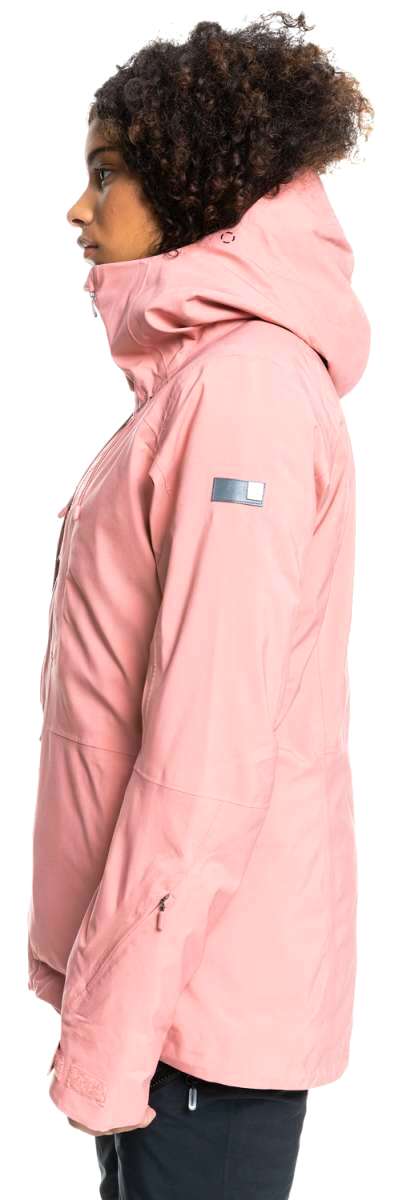 Roxy Women's Essence Gore-Tex Stretch Jacket 2022 - A pink jacket with a hood, featuring silver hardware and a zippered pocket on the sleeve.