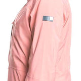 Roxy Women's Essence Gore-Tex Stretch Jacket 2022 - A pink jacket with a hood, featuring silver hardware and a zippered pocket on the sleeve.