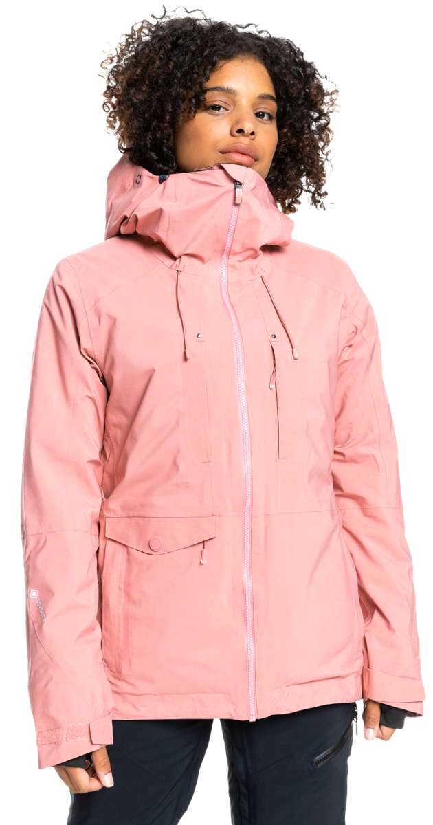 Roxy Women's Essence Gore-Tex Stretch Jacket 2022 - A pink jacket with a hood, featuring a zippered front and two pockets on either side.