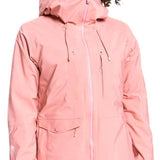 Roxy Women's Essence Gore-Tex Stretch Jacket 2022 - A pink jacket with a hood, featuring a zippered front and two pockets on either side.