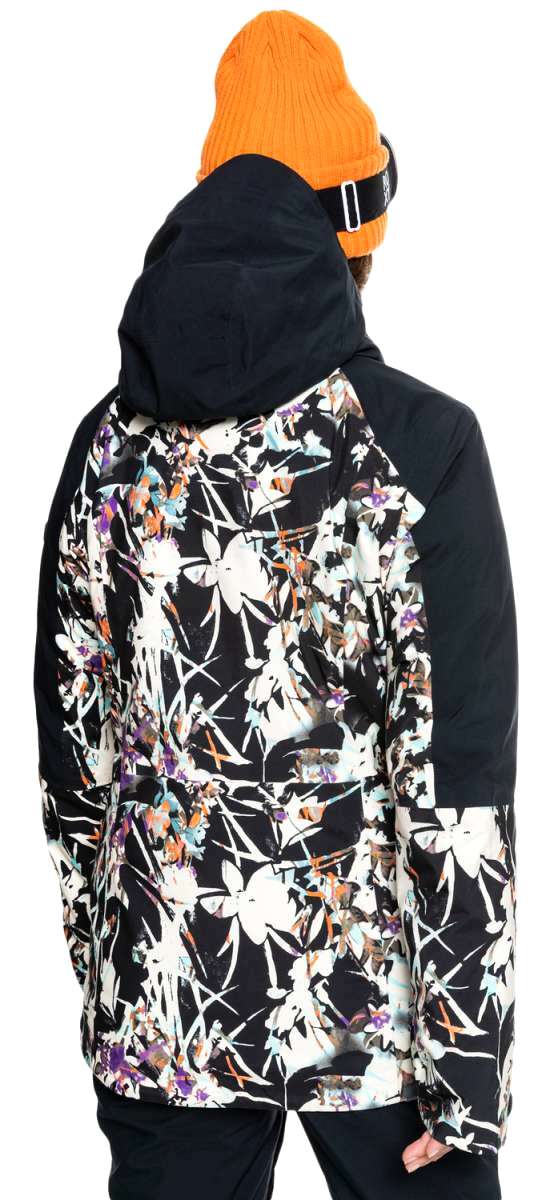 Roxy Women's Essence Gore-Tex Stretch Jacket 2022 - A black jacket with a white floral pattern and purple accents, worn by a model from behind.