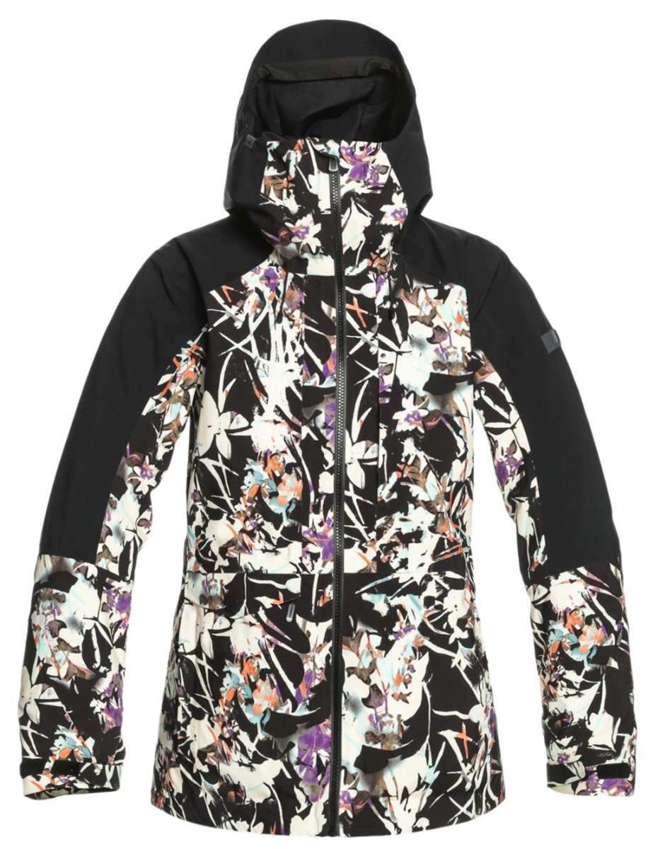 Roxy Women's Essence Gore-Tex Stretch Jacket 2022 - A black jacket with a white floral pattern and purple accents.