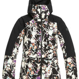 Roxy Women's Essence Gore-Tex Stretch Jacket 2022 - A black jacket with a white floral pattern and purple accents.