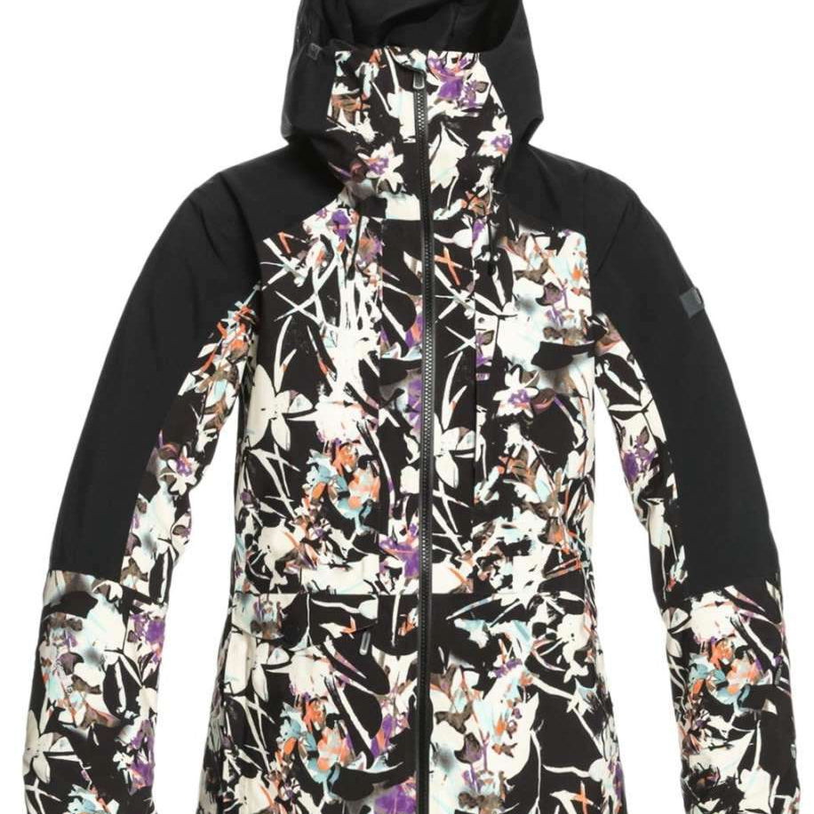 Roxy Women's Essence Gore-Tex Stretch Jacket 2022 - A black jacket with a white floral pattern and purple accents.