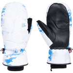 Roxy Women's Flint Creek Mittens - Pair of mittens with a blue and white abstract pattern on the back, black palms, and a small red tag on the wrist strap.