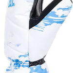 Roxy Women's Flint Creek Mittens - White mittens with blue cloud pattern and black trim.