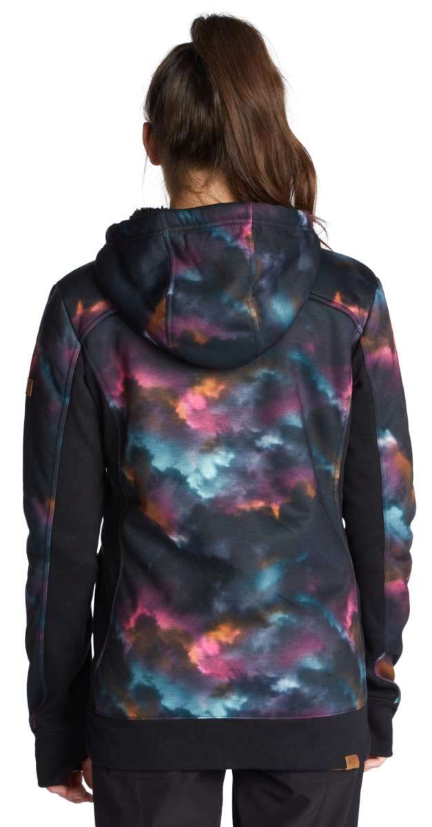 Roxy Women's Frost Full-Zip Fleece Jacket 2022 - A black fleece jacket with a hood and zippered front, featuring a subtle snowflake pattern in white and grey on the back.