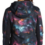 Roxy Women's Frost Full-Zip Fleece Jacket 2022 - A black fleece jacket with a hood and zippered front, featuring a subtle snowflake pattern in white and grey on the back.