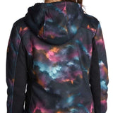 Roxy Women's Frost Full-Zip Fleece Jacket 2022 - A black fleece jacket with a hood and zippered front, featuring a subtle snowflake pattern in white and grey on the back.