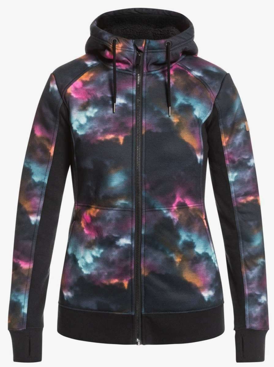 Roxy Women's Frost Full-Zip Fleece Jacket 2022 - A black fleece jacket with a subtle, multicolored tie-dye pattern on the front and sleeves.