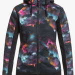 Roxy Women's Frost Full-Zip Fleece Jacket 2022 - A black fleece jacket with a subtle, multicolored tie-dye pattern on the front and sleeves.