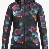 Roxy Women's Frost Full-Zip Fleece Jacket 2022 - A black fleece jacket with a subtle, multicolored tie-dye pattern on the front and sleeves.