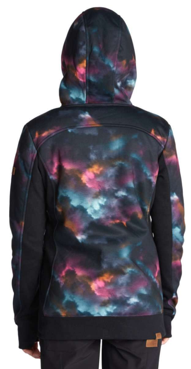 Roxy Women's Frost Full-Zip Fleece Jacket 2022 - A black fleece jacket with a subtle, multicolored tie-dye pattern on the back and sleeves.