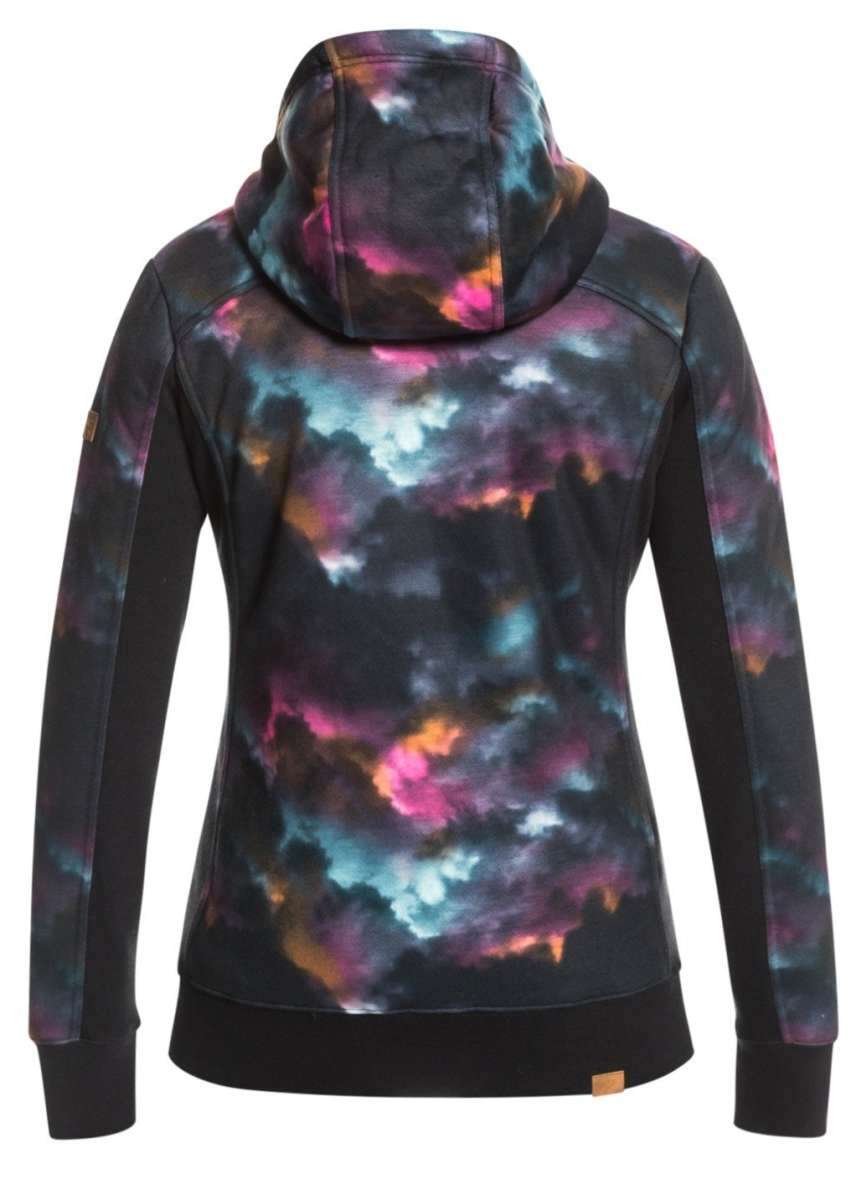 Roxy Women's Frost Full-Zip Fleece Jacket 2022 - A black fleece jacket with a subtle, abstract pattern of pink and blue clouds.