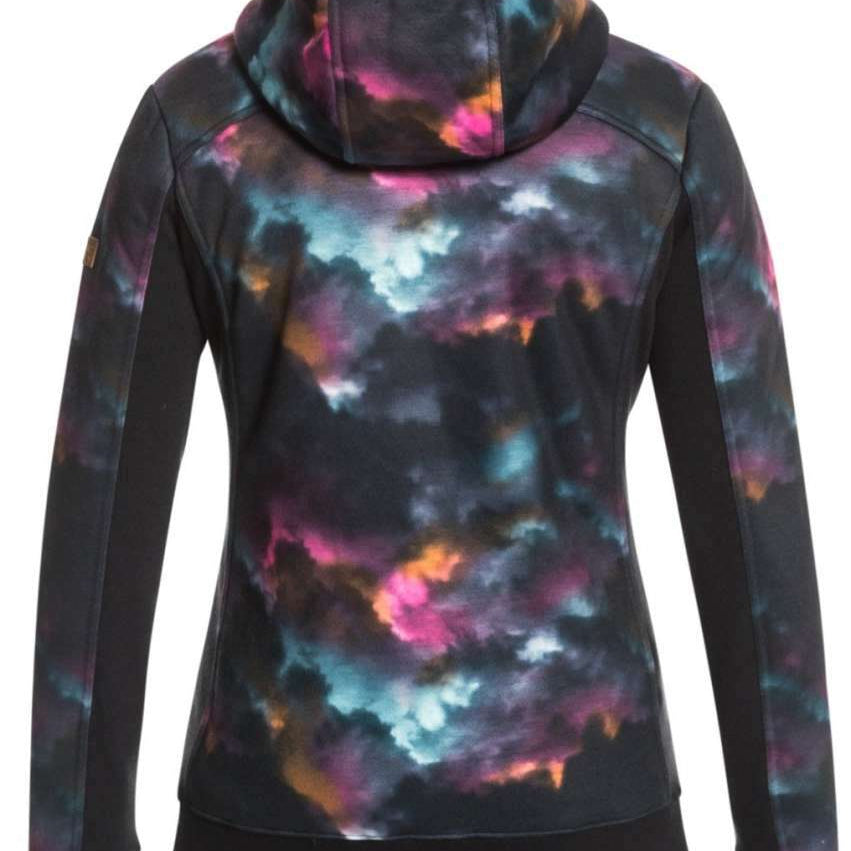 Roxy Women's Frost Full-Zip Fleece Jacket 2022 - A black fleece jacket with a subtle, abstract pattern of pink and blue clouds.