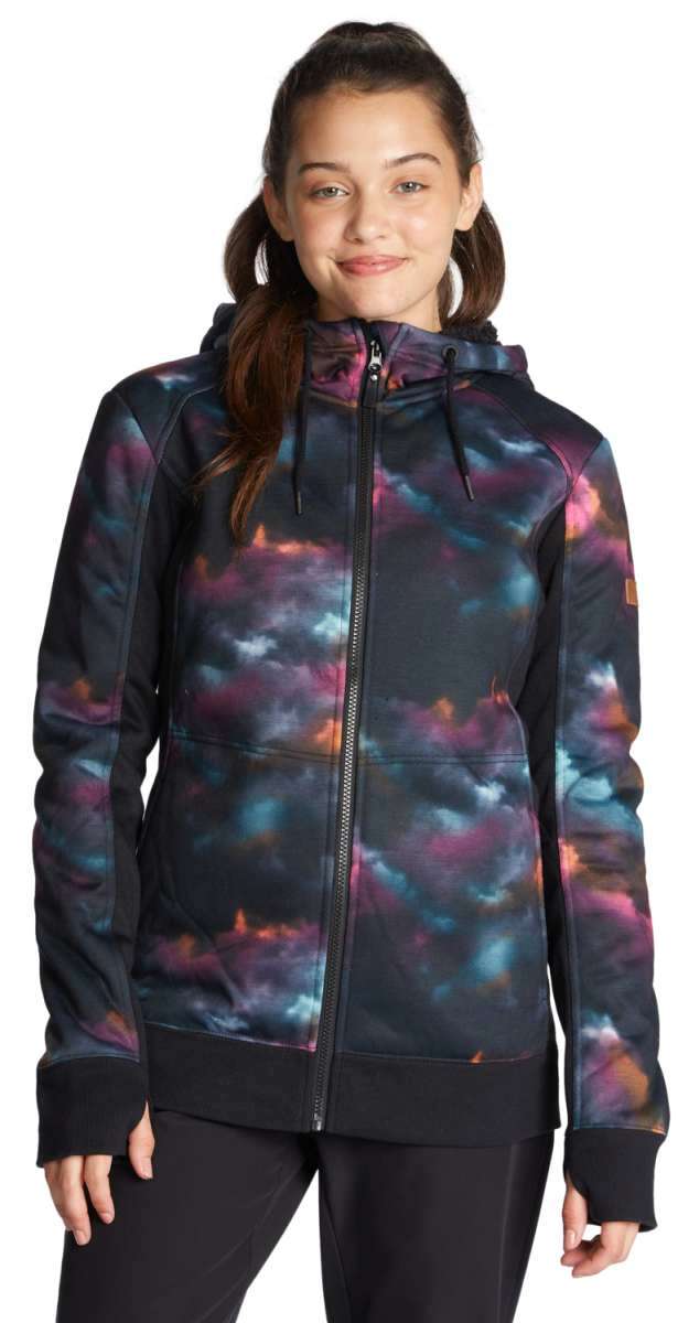 Roxy Women's Frost Full-Zip Fleece Jacket 2022 - A black fleece jacket with a subtle, multicolored tie-dye pattern and a full-length zipper.