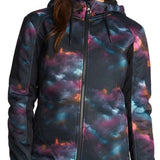 Roxy Women's Frost Full-Zip Fleece Jacket 2022 - A black fleece jacket with a subtle, multicolored tie-dye pattern and a full-length zipper.
