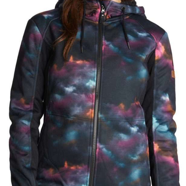 Roxy Women's Frost Full-Zip Fleece Jacket 2022 - A black fleece jacket with a subtle, multicolored tie-dye pattern and a full-length zipper.