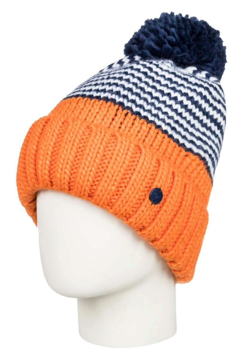 Roxy Women's Frozenfall Beanie 2022 - A navy and white houndstooth patterned beanie with a large pom-pom on top.