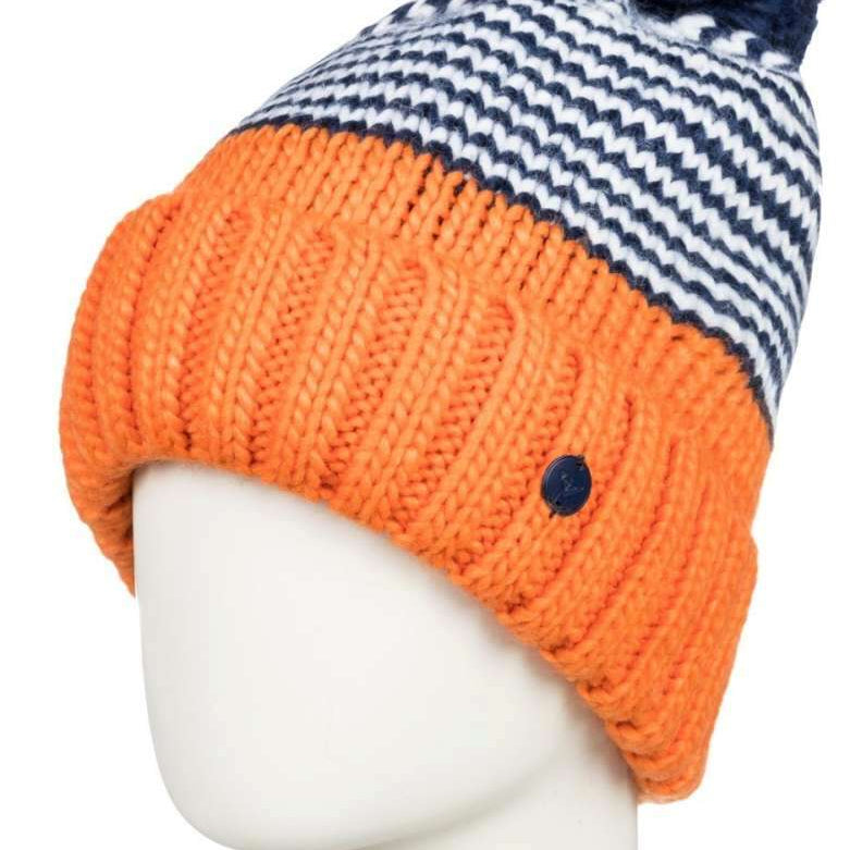 Roxy Women's Frozenfall Beanie 2022 - A navy and white houndstooth patterned beanie with a large pom-pom on top.