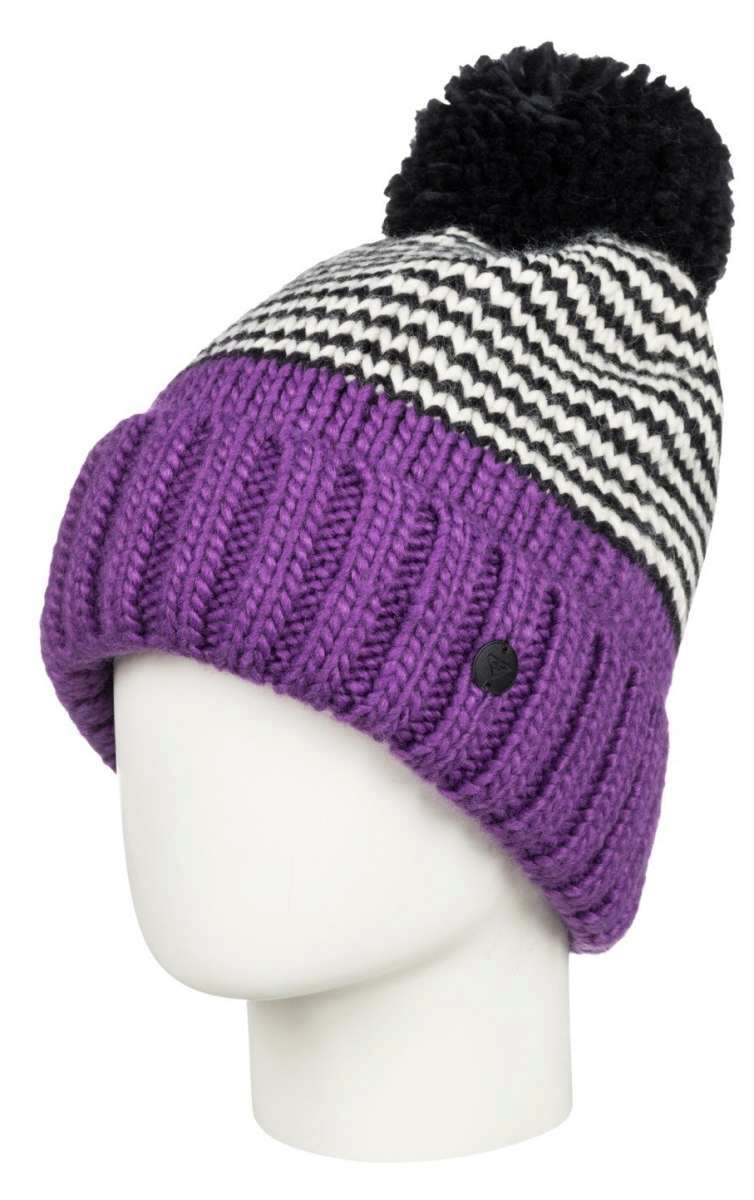 Roxy Women's Frozenfall Beanie 2022 - A purple beanie with a black and white houndstooth pattern on top, featuring a large black pom-pom at the top.