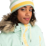 Roxy Women's Gold Hope Beanie 2024 - A mint green beanie with a yellow stripe and gold lettering on the front.