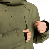 Roxy Women's GORE-TEX Glade Insulated Jacket 2023 - A green jacket with a hood, featuring two zippered pockets and adjustable cuffs.