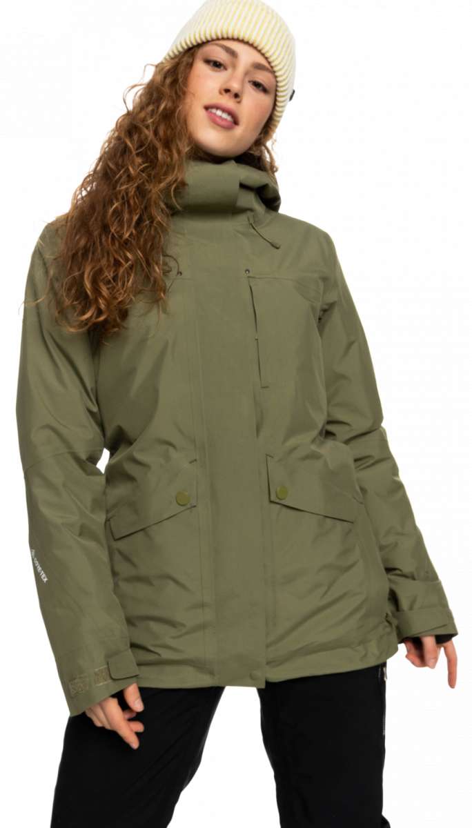 Roxy Women's GORE-TEX Glade Insulated Jacket 2023 - A dark olive green jacket with a high collar and two front pockets, featuring a zip closure and snap buttons.