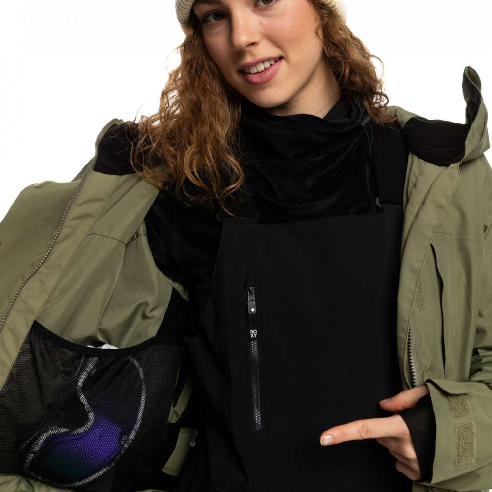 Roxy Women's GORE-TEX Glade Insulated Jacket 2023 - A black insulated jacket with a zippered chest pocket and adjustable cuffs.