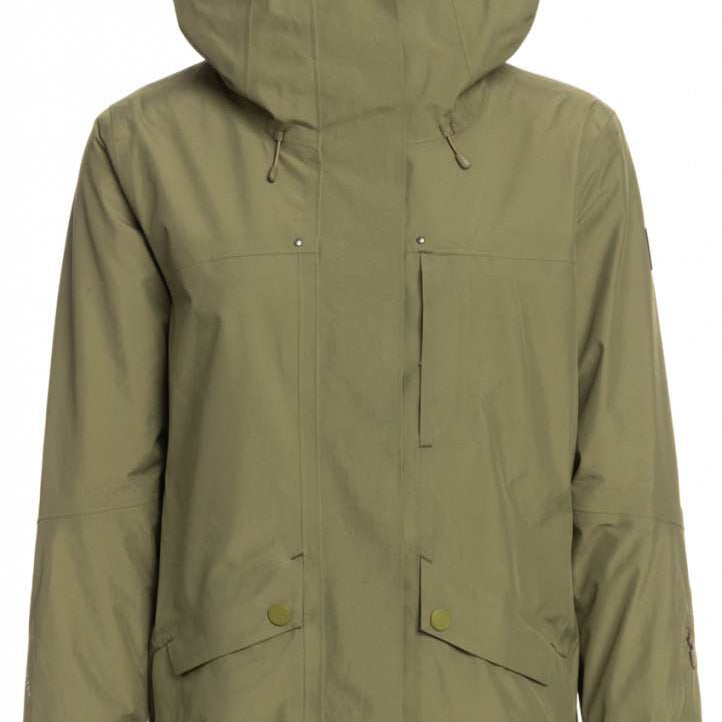 Roxy Women's GORE-TEX Glade Insulated Jacket 2023 - A dark green jacket with a hood, featuring two zippered pockets and adjustable cuffs.