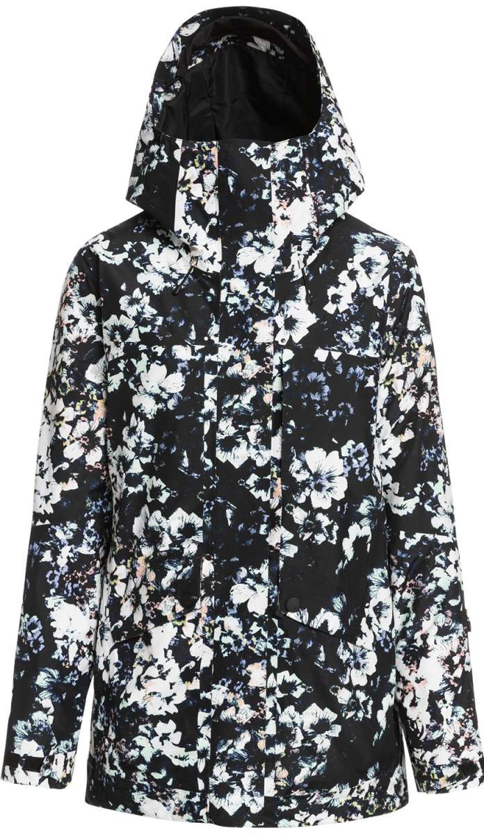 Roxy Women's GORE-TEX Printed Jacket 2023 - A black jacket with a white floral pattern and a hood, featuring a zip closure.