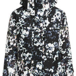 Roxy Women's GORE-TEX Printed Jacket 2023 - A black jacket with a white floral pattern and a hood, featuring a zip closure.