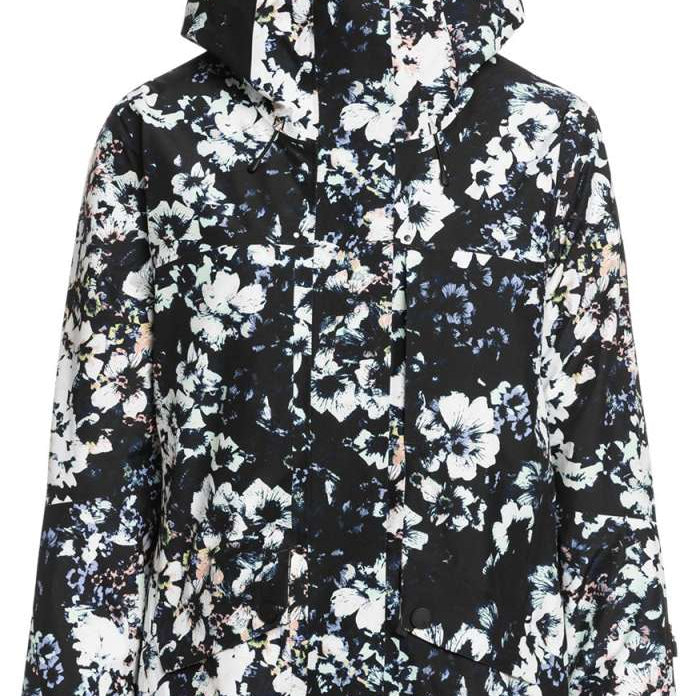 Roxy Women's GORE-TEX Printed Jacket 2023 - A black jacket with a white floral pattern and a hood, featuring a zip closure.