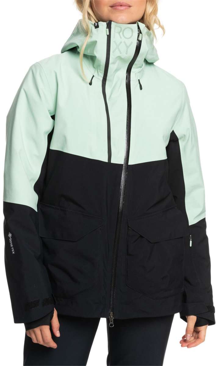 Roxy Women's GORE-TEX Stretch Purelines Jacket 2024 - A mint green and black jacket with a hood, featuring a zip closure and two front pockets.