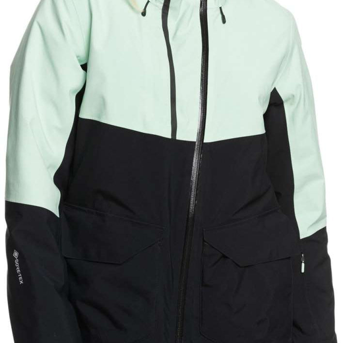 Roxy Women's GORE-TEX Stretch Purelines Jacket 2024 - A mint green and black jacket with a hood, featuring a zip closure and two front pockets.