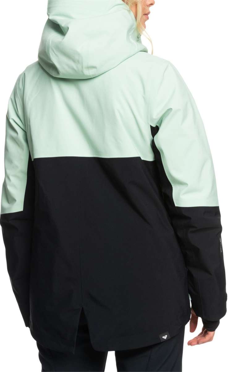 Roxy Women's GORE-TEX Stretch Purelines Jacket 2024 - A mint green and black jacket with a hood, featuring a zippered front and two pockets on either side.