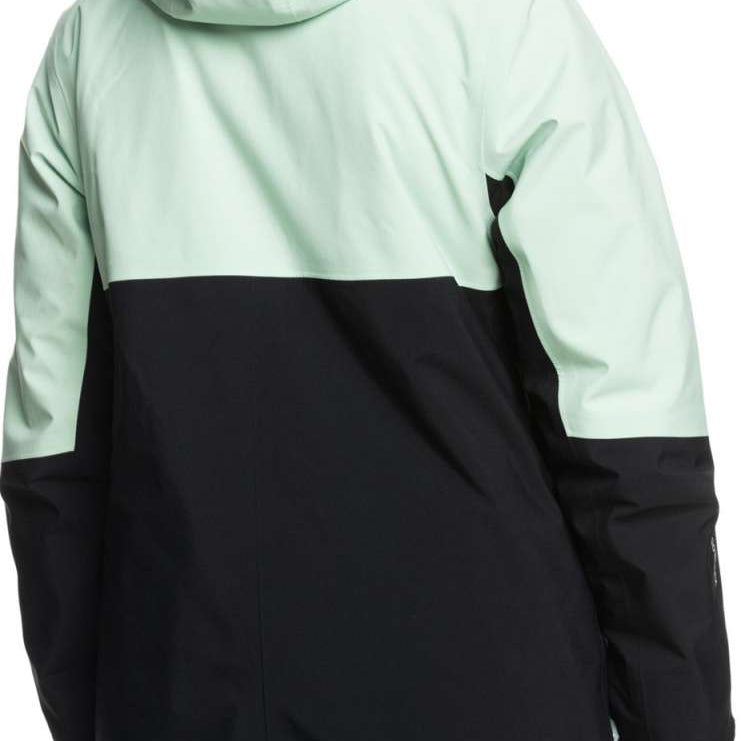 Roxy Women's GORE-TEX Stretch Purelines Jacket 2024 - A mint green and black jacket with a hood, featuring a zippered front and two pockets on either side.