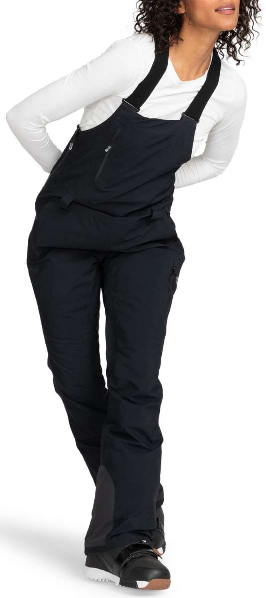 Roxy Women's Gore Stretch Prism Bib Pants 2024 - Black bib pants with a subtle white stripe pattern on the side of the leg.