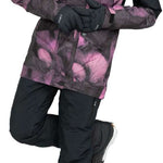 Roxy Women's GORE-TEX Glade Insulated Jacket - A black jacket with a pink and grey abstract floral pattern, featuring a hood and two zippered pockets on the front.