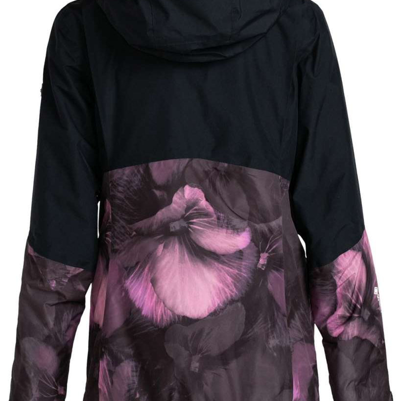 Roxy Women's GORE-TEX Glade Insulated Jacket 2024 - A black jacket with a large pink floral pattern on the lower half of the back and sleeves.