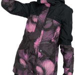 Roxy Women's GORE-TEX Glade Insulated Jacket 2024 - A black and purple jacket with a hood, featuring a pattern of abstract shapes resembling flowers or feathers.
