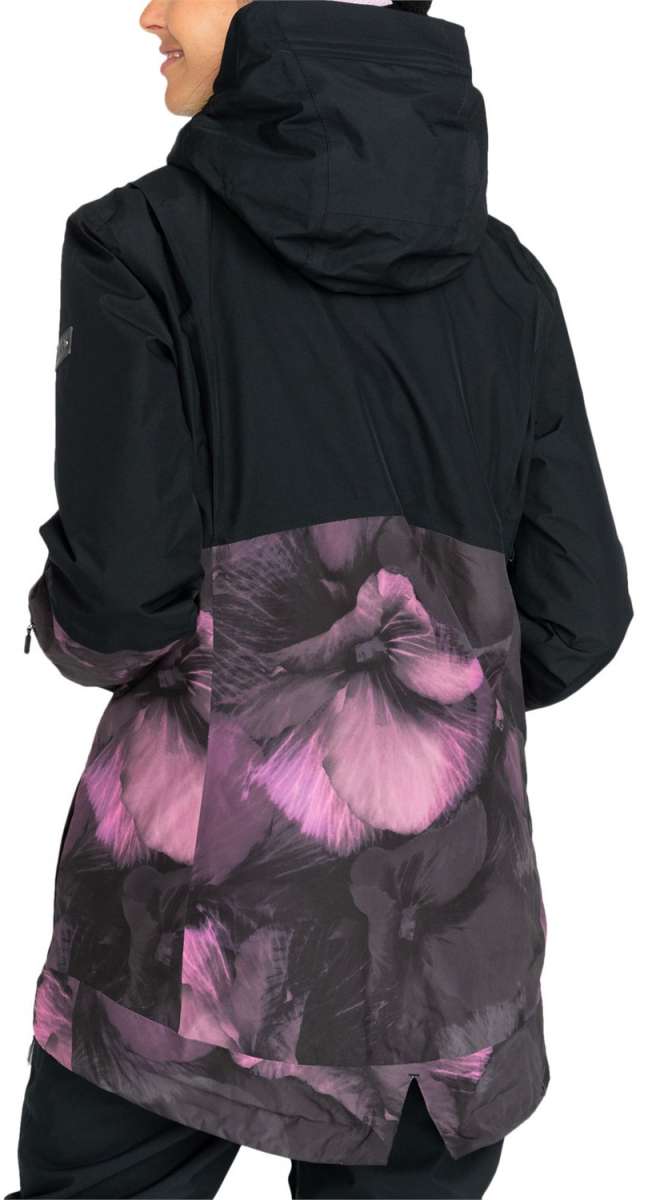 Roxy Women's GORE-TEX Glade Insulated Jacket 2024 - A black jacket with a large pink floral design on the back, featuring a hood and zippered pockets.
